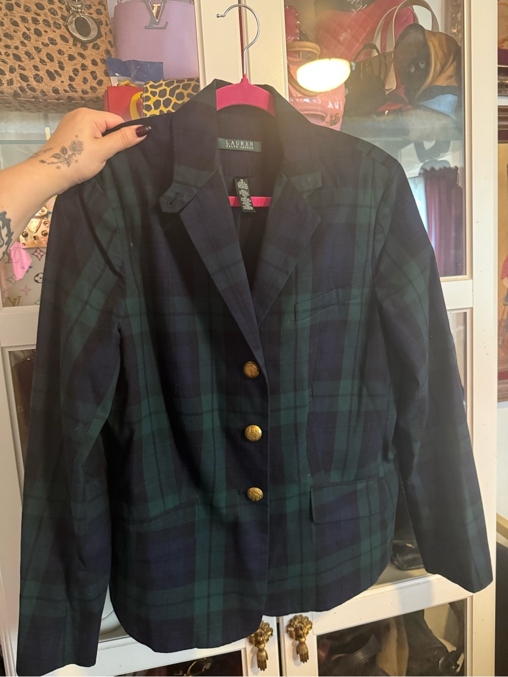 Ralph Lauren Green & Navy Plaid Blazer with Gold Buttons